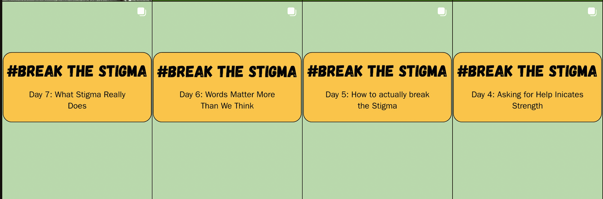 Project Refill #BreakTheStigma Instagram campaign posts showing seven days of content about food insecurity stigma